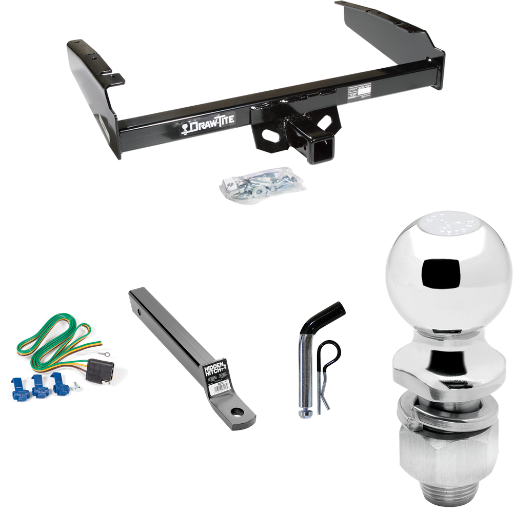 Fits 1980-1983 Ford F-100 Trailer Hitch Tow PKG w/ 4-Flat Wiring + Extended 16" Long Ball Mount w/ 2" Drop + Pin/Clip + 2" Ball (Excludes: w/Custom Fascia Models) By Draw-Tite