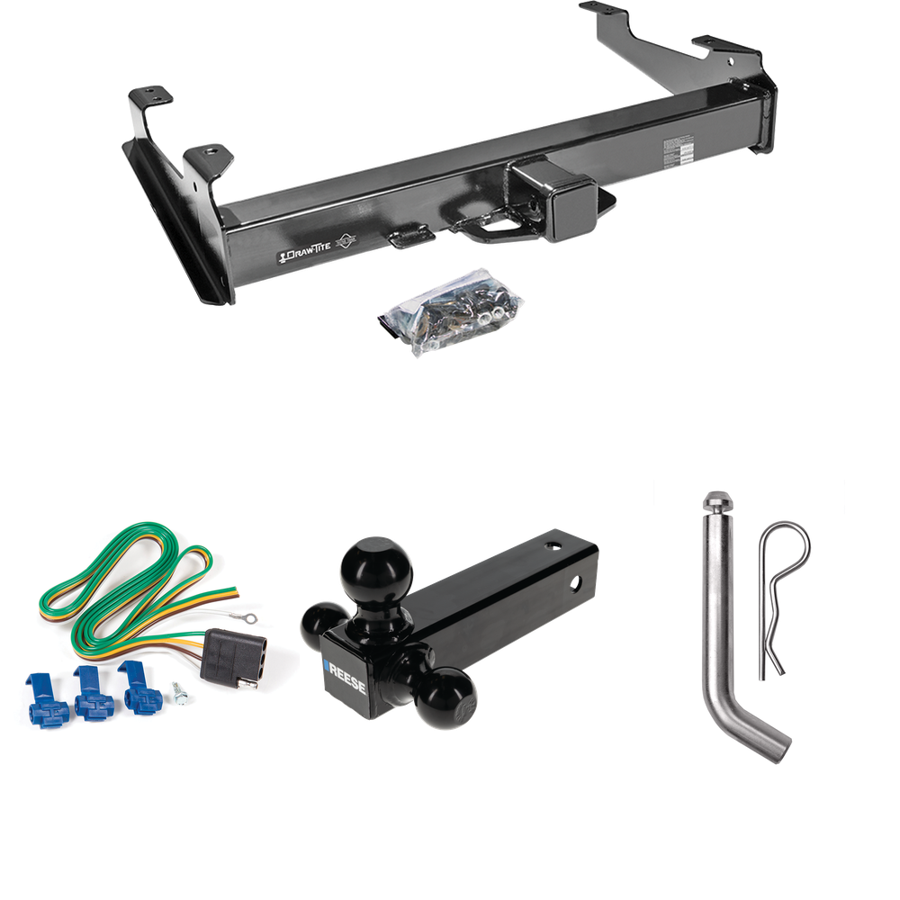 Fits 2001-2002 GMC Sierra 3500 Trailer Hitch Tow PKG w/ 4-Flat Wiring Harness + Triple Ball Ball Mount 1-7/8" & 2" & 2-5/16" Trailer Balls + Pin/Clip By Draw-Tite