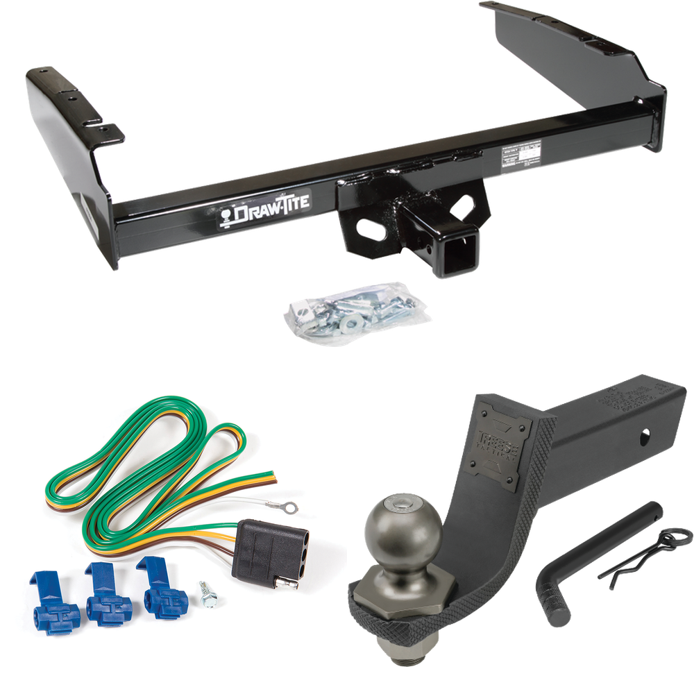 Fits 1980-1986 Ford F-250 Trailer Hitch Tow PKG w/ 4-Flat Wiring + Interlock Tactical Starter Kit w/ 3-1/4" Drop & 2" Ball (Excludes: w/Custom Fascia Models) By Draw-Tite