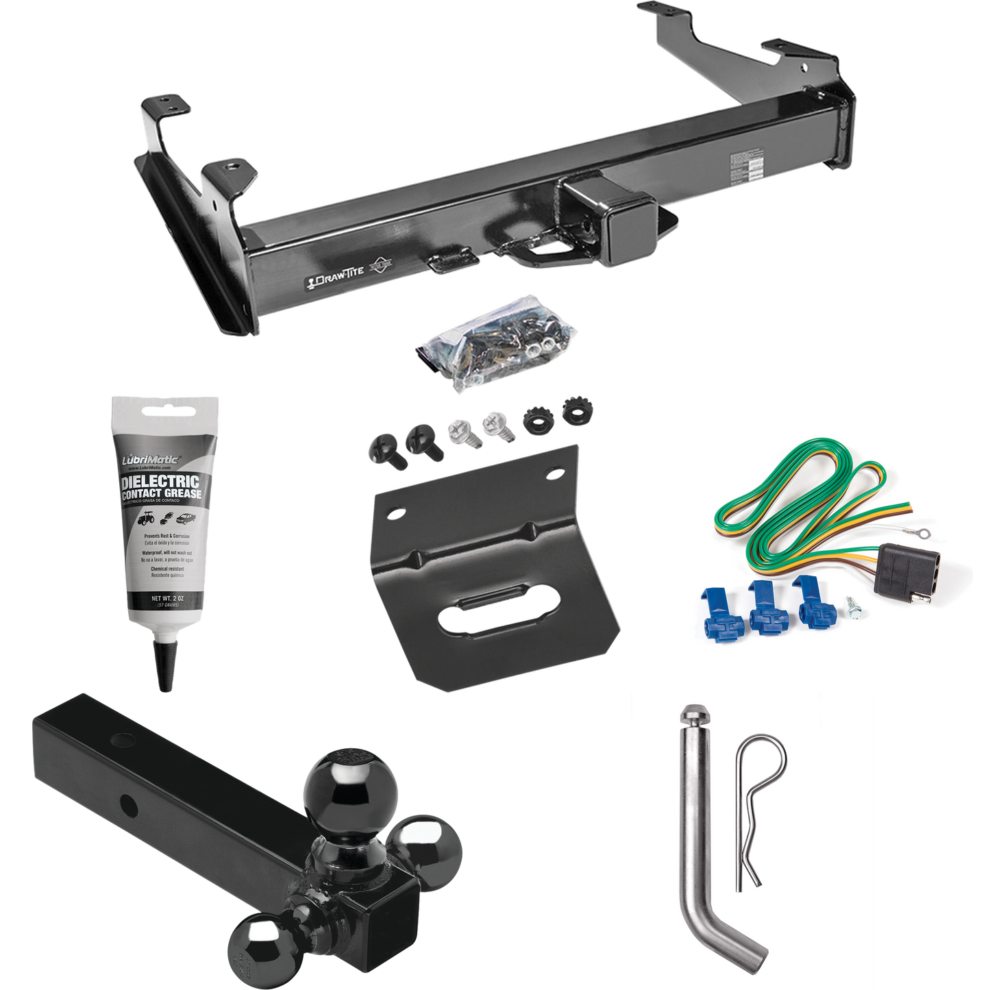 Fits 2001-2002 Chevrolet Silverado 3500 Trailer Hitch Tow PKG w/ 4-Flat Wiring Harness + Triple Ball Ball Mount 1-7/8" & 2" & 2-5/16" Trailer Balls + Pin/Clip + Wiring Bracket + Electric Grease By Draw-Tite