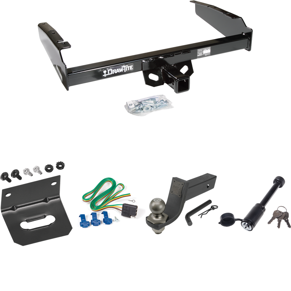 Fits 1980-1986 Ford F-250 Trailer Hitch Tow PKG w/ 4-Flat Wiring + Interlock Tactical Starter Kit w/ 3-1/4" Drop & 2" Ball + Tactical Dogbone Lock + Wiring Bracket (Excludes: w/Custom Fascia Models) By Draw-Tite