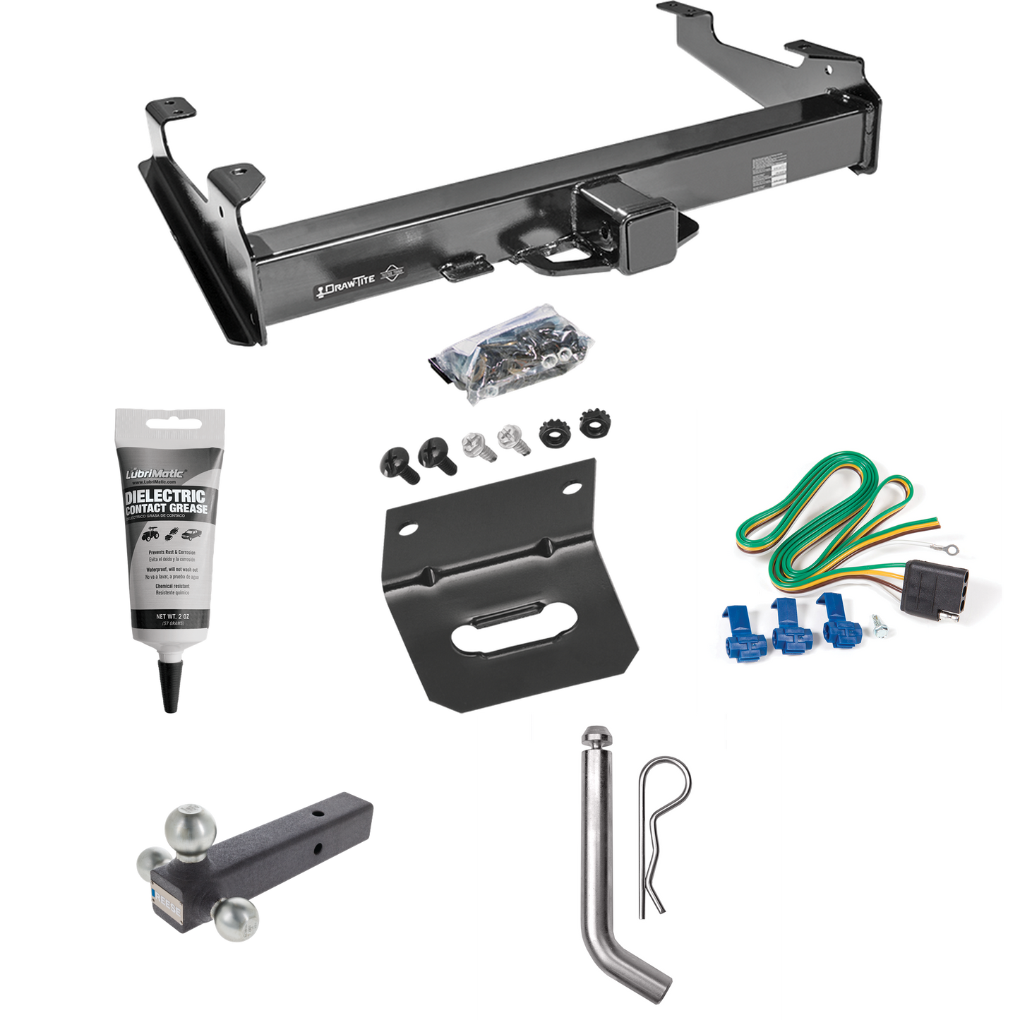 Fits 2001-2006 GMC Sierra 2500 HD Trailer Hitch Tow PKG w/ 4-Flat Wiring Harness + Triple Ball Ball Mount 1-7/8" & 2" & 2-5/16" Trailer Balls + Pin/Clip + Wiring Bracket + Electric Grease (For 8 ft. Bed Models) By Draw-Tite