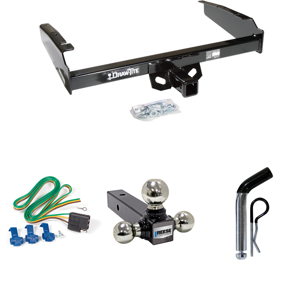 Fits 1980-1983 Ford F-100 Trailer Hitch Tow PKG w/ 4-Flat Wiring + Triple Ball Ball Mount 1-7/8" & 2" & 2-5/16" Trailer Balls + Pin/Clip (Excludes: w/Custom Fascia Models) By Draw-Tite