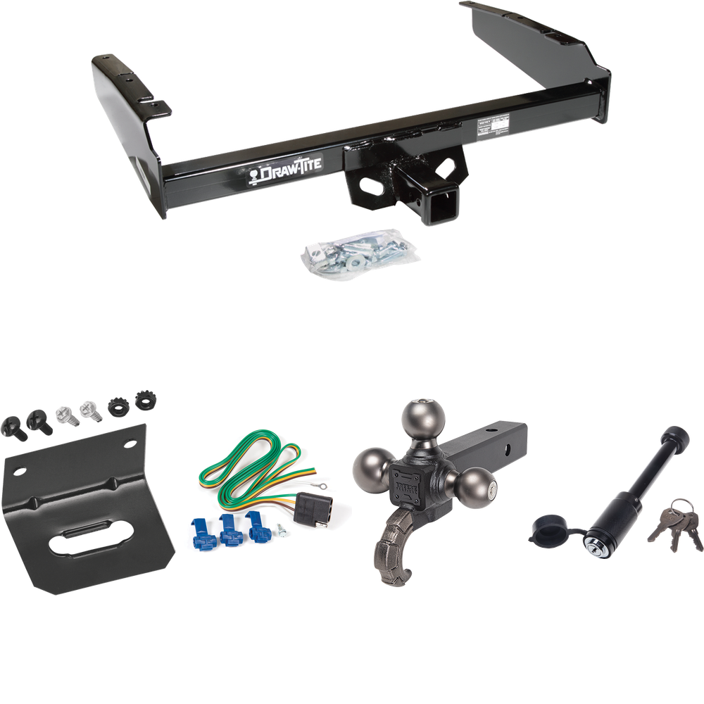 Fits 1980-1983 Ford F-100 Trailer Hitch Tow PKG w/ 4-Flat Wiring + Tactical Triple Ball Ball Mount 1-7/8" & 2" & 2-5/16" Balls & Tow Hook + Tactical Dogbone Lock + Wiring Bracket (Excludes: w/Custom Fascia Models) By Draw-Tite