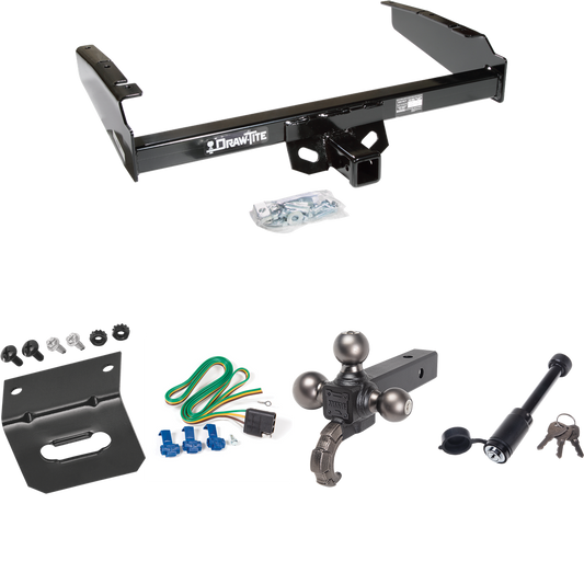 Fits 1980-1983 Ford F-100 Trailer Hitch Tow PKG w/ 4-Flat Wiring + Tactical Triple Ball Ball Mount 1-7/8" & 2" & 2-5/16" Balls & Tow Hook + Tactical Dogbone Lock + Wiring Bracket (Excludes: w/Custom Fascia Models) By Draw-Tite