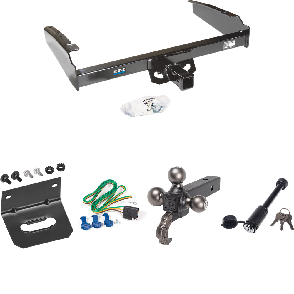 Fits 1980-1983 Ford F-100 Trailer Hitch Tow PKG w/ 4-Flat Wiring + Triple Ball Tactical Ball Mount 1-7/8" & 2" & 2-5/16" Balls w/ Tow Hook + Tactical Dogbone Lock + Wiring Bracket (Excludes: w/Custom Fascia Models) By Reese Towpower