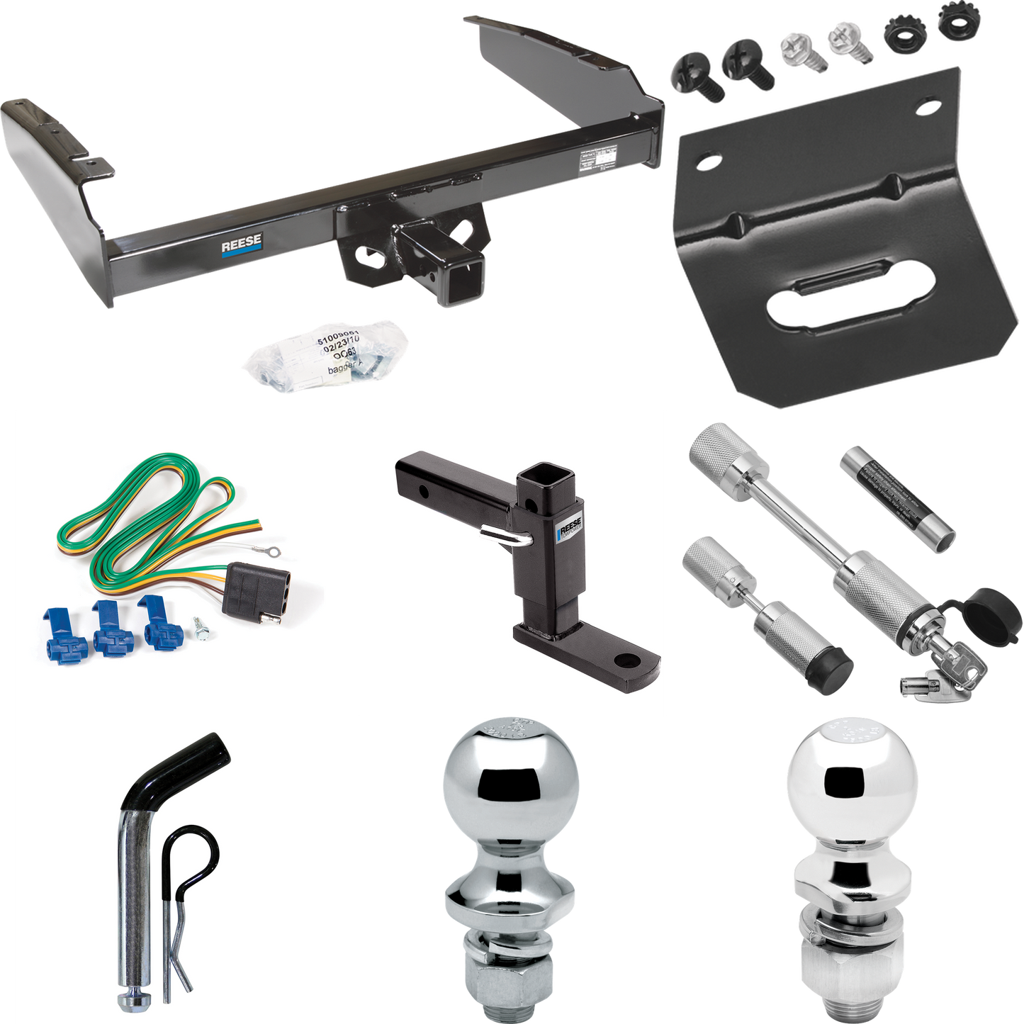 Fits 1980-1986 Ford F-250 Trailer Hitch Tow PKG w/ 4-Flat Wiring Harness + Adjustable Drop Rise Ball Mount + Pin/Clip + 2" Ball + 1-7/8" Ball + Dual Hitch & Coupler Locks (Excludes: w/Custom Fascia Models) By Reese Towpower