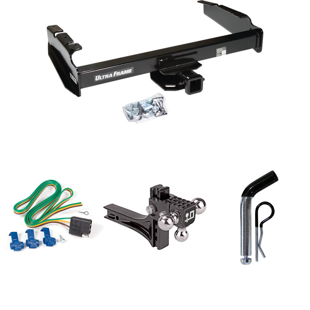 Fits 1980-1986 Ford F-250 Trailer Hitch Tow PKG w/ 4-Flat Wiring Harness + Adjustable Drop Rise Triple Ball Ball Mount 1-7/8" & 2" & 2-5/16" Trailer Balls + Pin/Clip (Excludes: w/Custom Fascia Models) By Draw-Tite