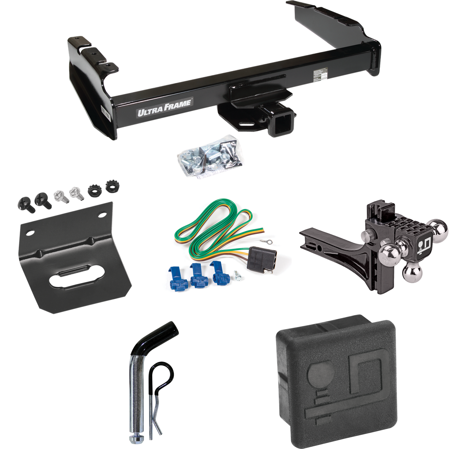 Fits 1980-1986 Ford F-350 Trailer Hitch Tow PKG w/ 4-Flat Wiring Harness + Adjustable Drop Rise Triple Ball Ball Mount 1-7/8" & 2" & 2-5/16" Trailer Balls + Pin/Clip + Hitch Cover + Wiring Bracket (Excludes: w/Custom Fascia Models) By Draw-Tite