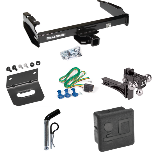 Fits 1980-1986 Ford F-350 Trailer Hitch Tow PKG w/ 4-Flat Wiring Harness + Adjustable Drop Rise Triple Ball Ball Mount 1-7/8" & 2" & 2-5/16" Trailer Balls + Pin/Clip + Hitch Cover + Wiring Bracket (Excludes: w/Custom Fascia Models) By Draw-Tite