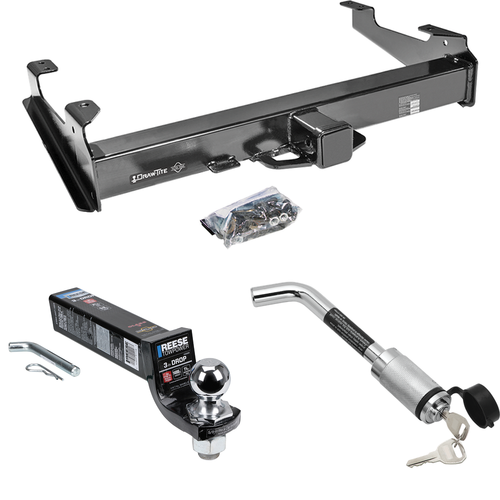 Fits 2001-2010 GMC Sierra 2500 HD Trailer Hitch Tow PKG w/ Interlock Ball Mount Starter Kit 3" Drop w/ 2" Ball + Hitch Lock (For 8 ft. Bed Models) By Draw-Tite