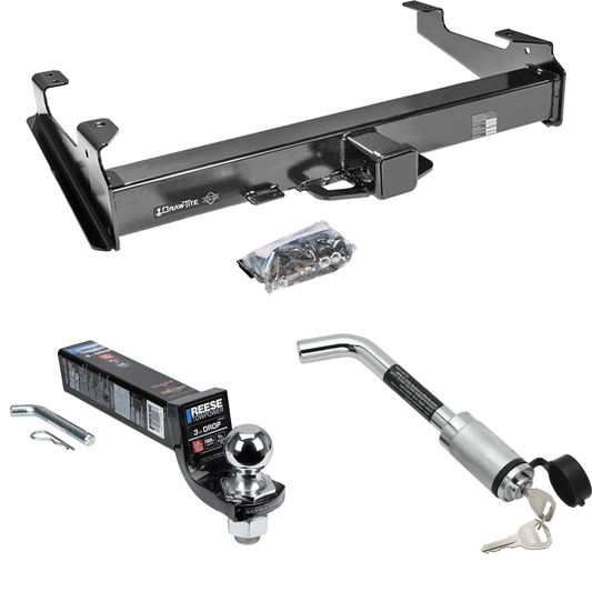 Fits 2001-2010 GMC Sierra 2500 HD Trailer Hitch Tow PKG w/ Interlock Ball Mount Starter Kit 3" Drop w/ 2" Ball + Hitch Lock (For 8 ft. Bed Models) By Draw-Tite