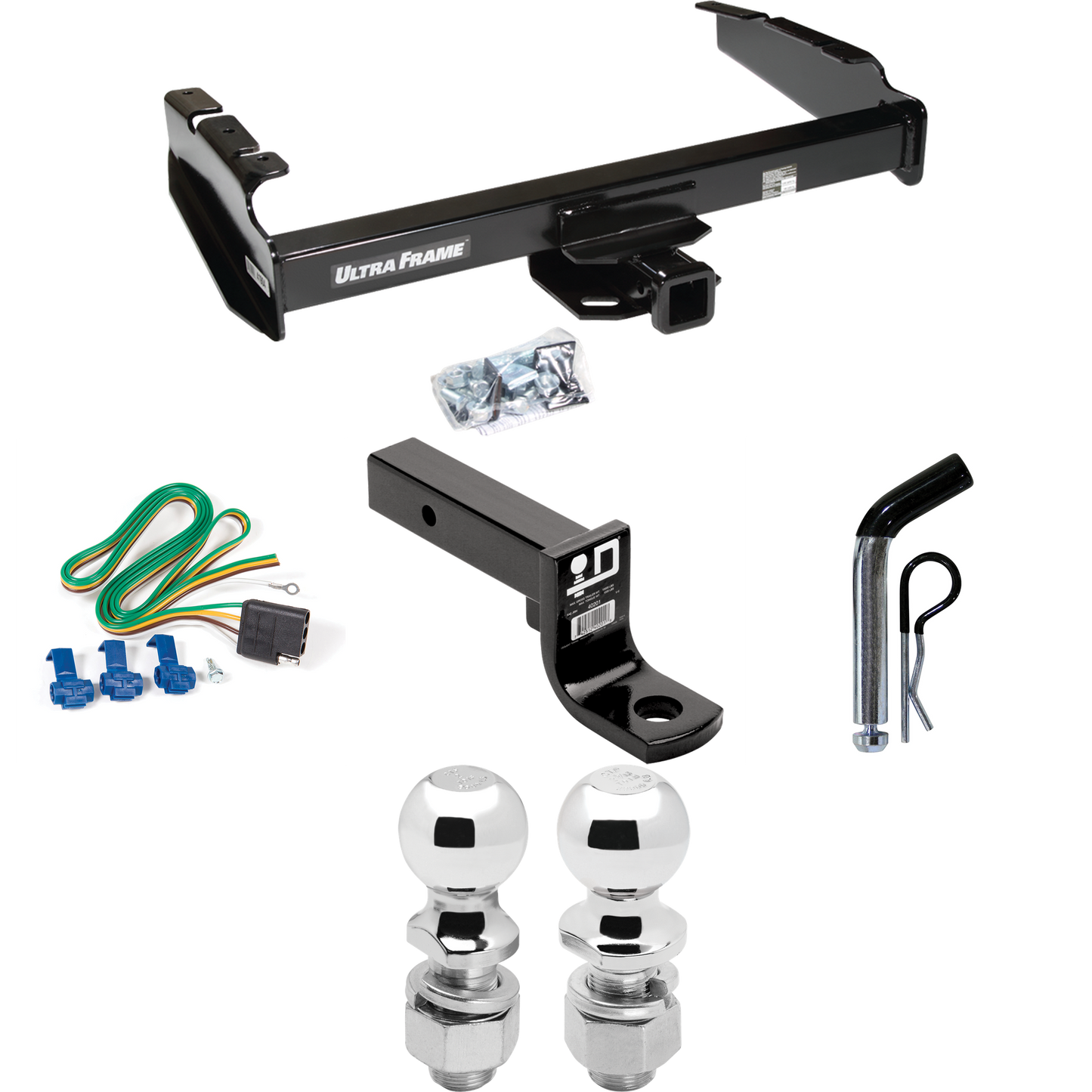 Fits 1980-1983 Ford F-100 Trailer Hitch Tow PKG w/ 4-Flat Wiring Harness + Ball Mount w/ 4" Drop + Pin/Clip + 2" Ball + 2-5/16" Ball (Excludes: w/Custom Fascia Models) By Draw-Tite