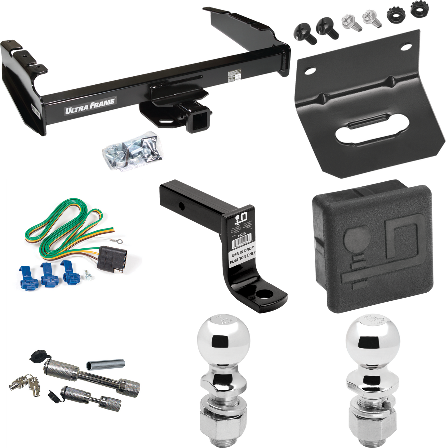 Fits 1980-1986 Ford F-350 Trailer Hitch Tow PKG w/ 4-Flat Wiring Harness + Ball Mount w/ 6" Drop + Dual Hitch & Coupler Locks + 2" Ball + 2-5/16" Ball + Hitch Cover + Wiring Bracket (Excludes: w/Custom Fascia Models) By Draw-Tite