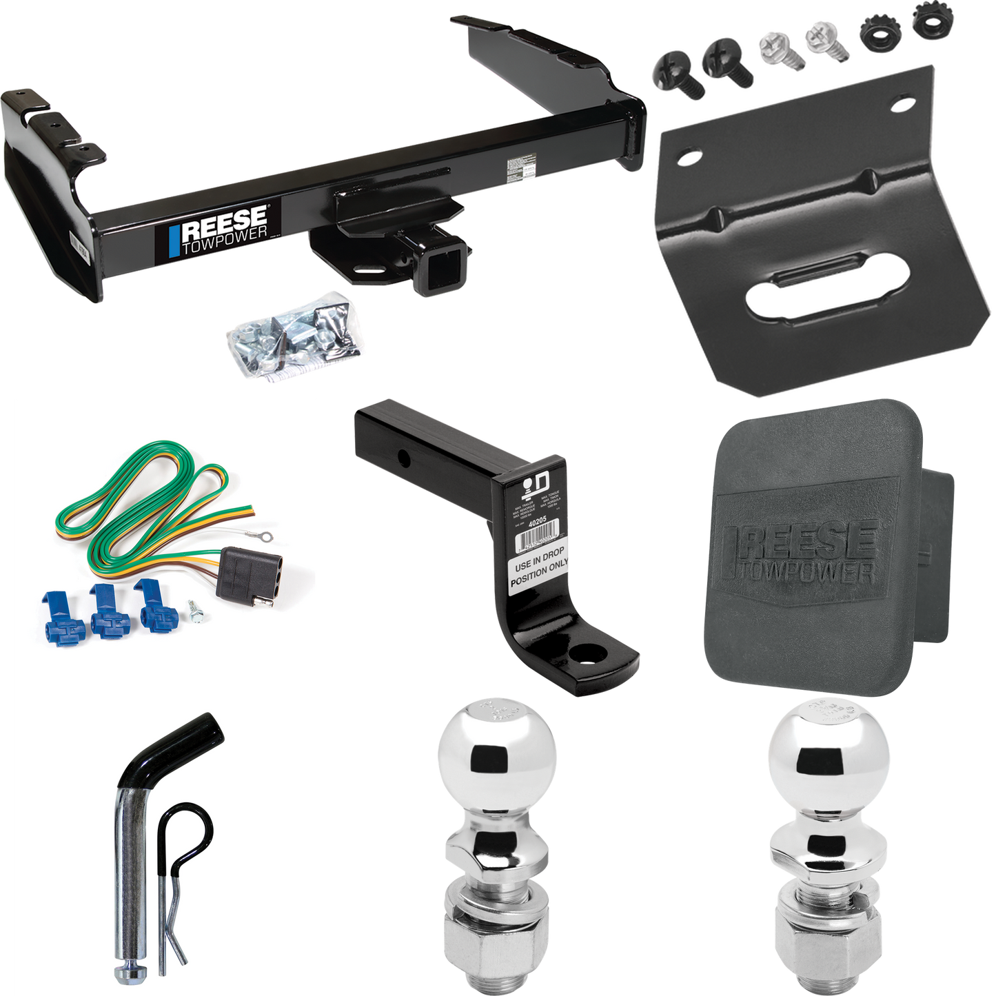 Fits 1980-1986 Ford F-150 Trailer Hitch Tow PKG w/ 4-Flat Wiring Harness + Ball Mount w/ 6" Drop + Pin/Clip + 2" Ball + 2-5/16" Ball + Hitch Cover + Wiring Bracket (Excludes: w/Custom Fascia Models) By Reese Towpower