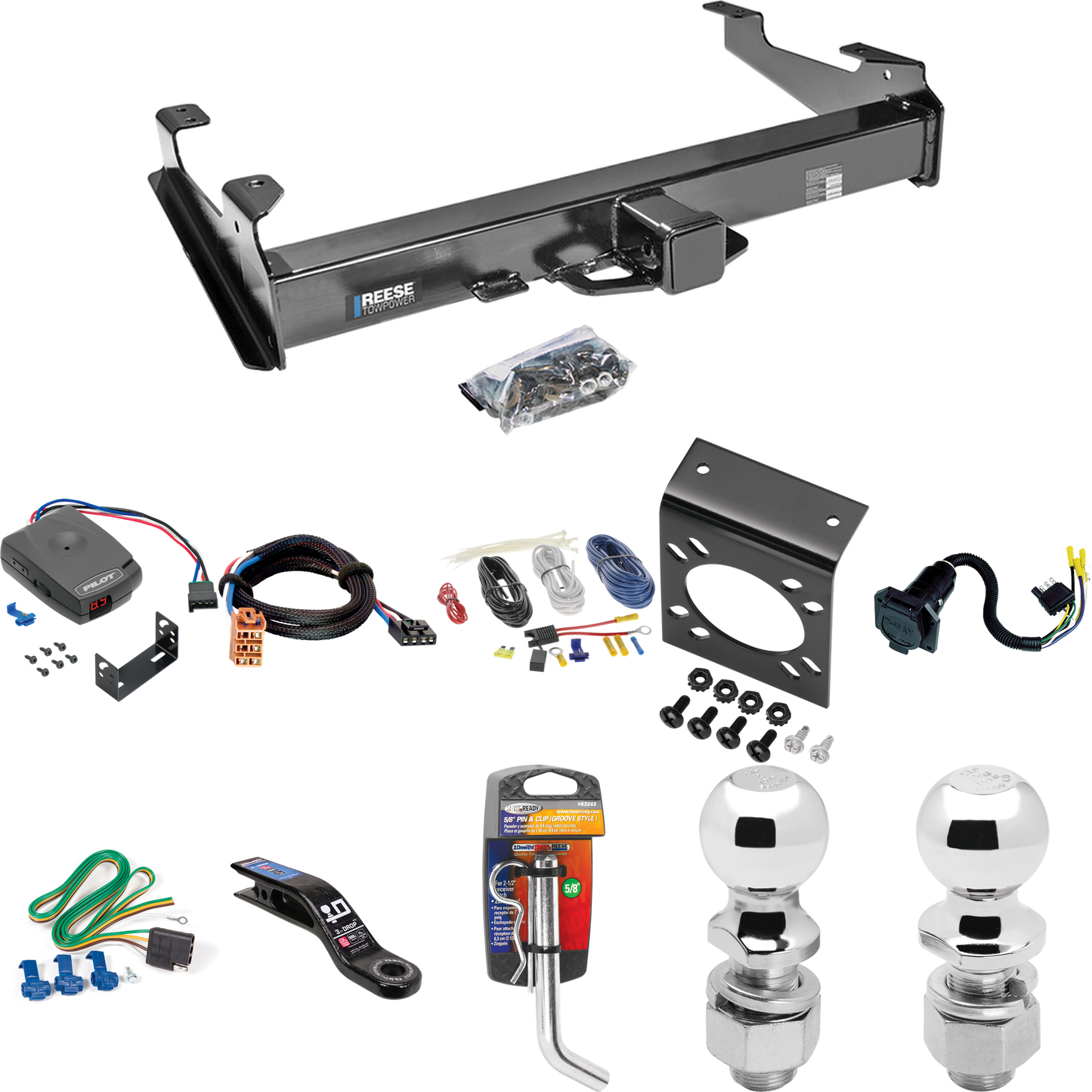 Fits 2003-2007 GMC Sierra 3500 Trailer Hitch Tow PKG w/ Pro Series Pilot Brake Control + Plug & Play BC Adapter + 7-Way RV Wiring + 2" & 2-5/16" Ball & Drop Mount (For (Classic) Models) By Reese Towpower