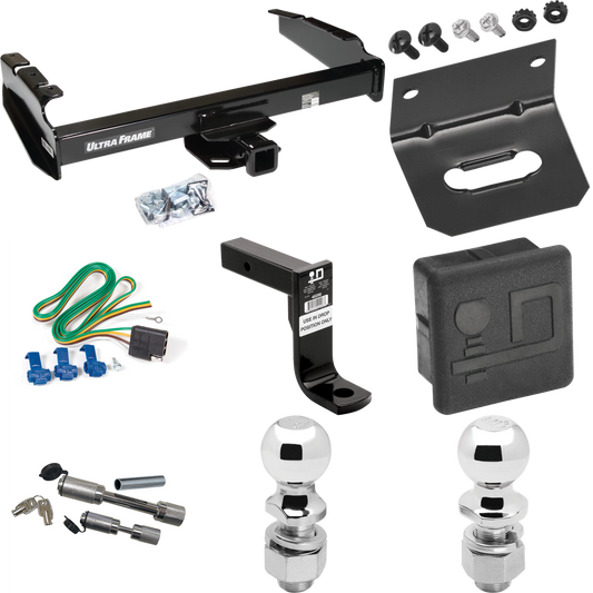 Fits 1980-1986 Ford F-350 Trailer Hitch Tow PKG w/ 4-Flat Wiring Harness + Ball Mount w/ 8" Drop + Dual Hitch & Coupler Locks + 2" Ball + 2-5/16" Ball + Hitch Cover + Wiring Bracket (Excludes: w/Custom Fascia Models) By Draw-Tite