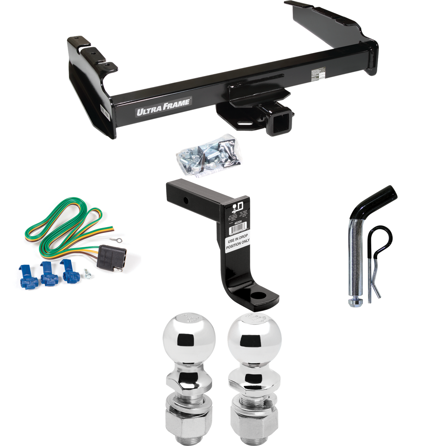 Fits 1980-1986 Ford F-150 Trailer Hitch Tow PKG w/ 4-Flat Wiring Harness + Ball Mount w/ 8" Drop + Pin/Clip + 2" Ball + 2-5/16" Ball (Excludes: w/Custom Fascia Models) By Draw-Tite