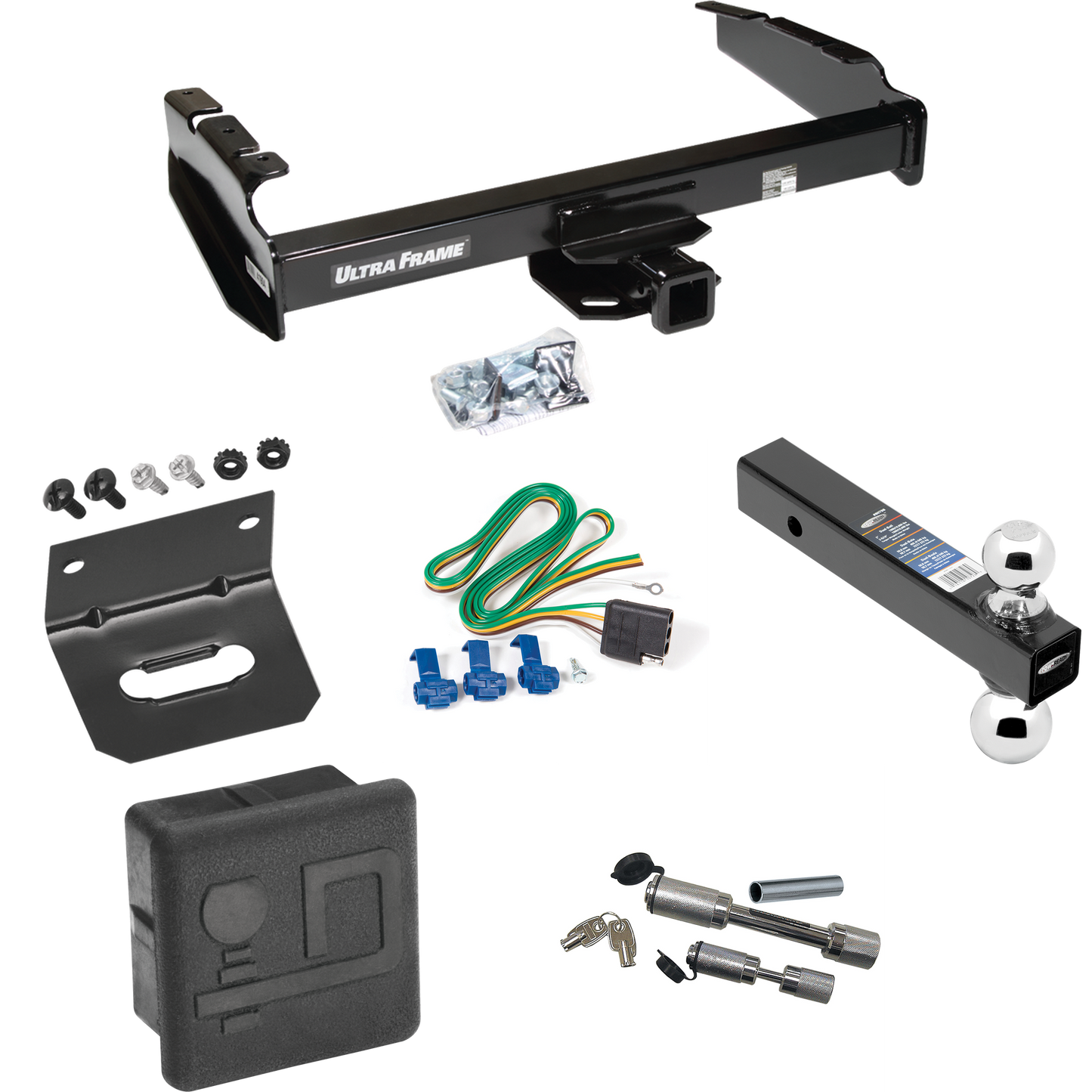 Fits 1980-1986 Ford F-250 Trailer Hitch Tow PKG w/ 4-Flat Wiring Harness + Dual Ball Ball Mount 2" & 2-5/16" Trailer Balls + Dual Hitch & Coupler Locks + Hitch Cover + Wiring Bracket (Excludes: w/Custom Fascia Models) By Draw-Tite