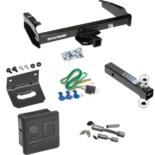 Fits 1980-1983 Ford F-100 Trailer Hitch Tow PKG w/ 4-Flat Wiring Harness + Dual Ball Ball Mount 2" & 2-5/16" Trailer Balls + Dual Hitch & Coupler Locks + Hitch Cover + Wiring Bracket (Excludes: w/Custom Fascia Models) By Draw-Tite