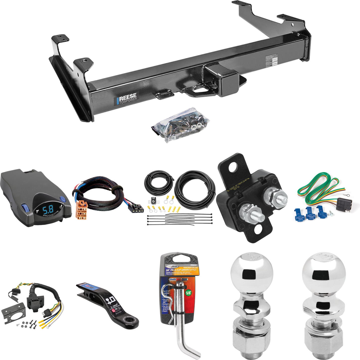 Fits 2003-2007 Chevrolet Silverado 2500 HD Trailer Hitch Tow PKG w/ Tekonsha Prodigy P2 Brake Control + Plug & Play BC Adapter + 7-Way RV Wiring + 2" & 2-5/16" Ball & Drop Mount (For (Classic), 8 ft. Bed Models) By Reese Towpower