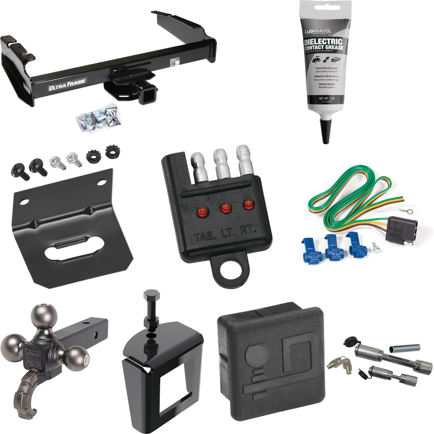 Fits 1980-1986 Ford F-150 Trailer Hitch Tow PKG w/ 4-Flat Wiring Harness + Triple Ball Ball Mount 1-7/8" & 2" & 2-5/16" Trailer Balls w/ Tow Hook + Dual Hitch & Coupler Locks + Hitch Cover + Wiring Bracket + Wiring Tester + Electric Grease + Anti Rat