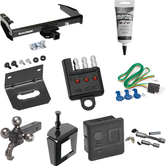 Fits 1980-1986 Ford F-150 Trailer Hitch Tow PKG w/ 4-Flat Wiring Harness + Triple Ball Ball Mount 1-7/8" & 2" & 2-5/16" Trailer Balls w/ Tow Hook + Dual Hitch & Coupler Locks + Hitch Cover + Wiring Bracket + Wiring Tester + Electric Grease + Anti Rat