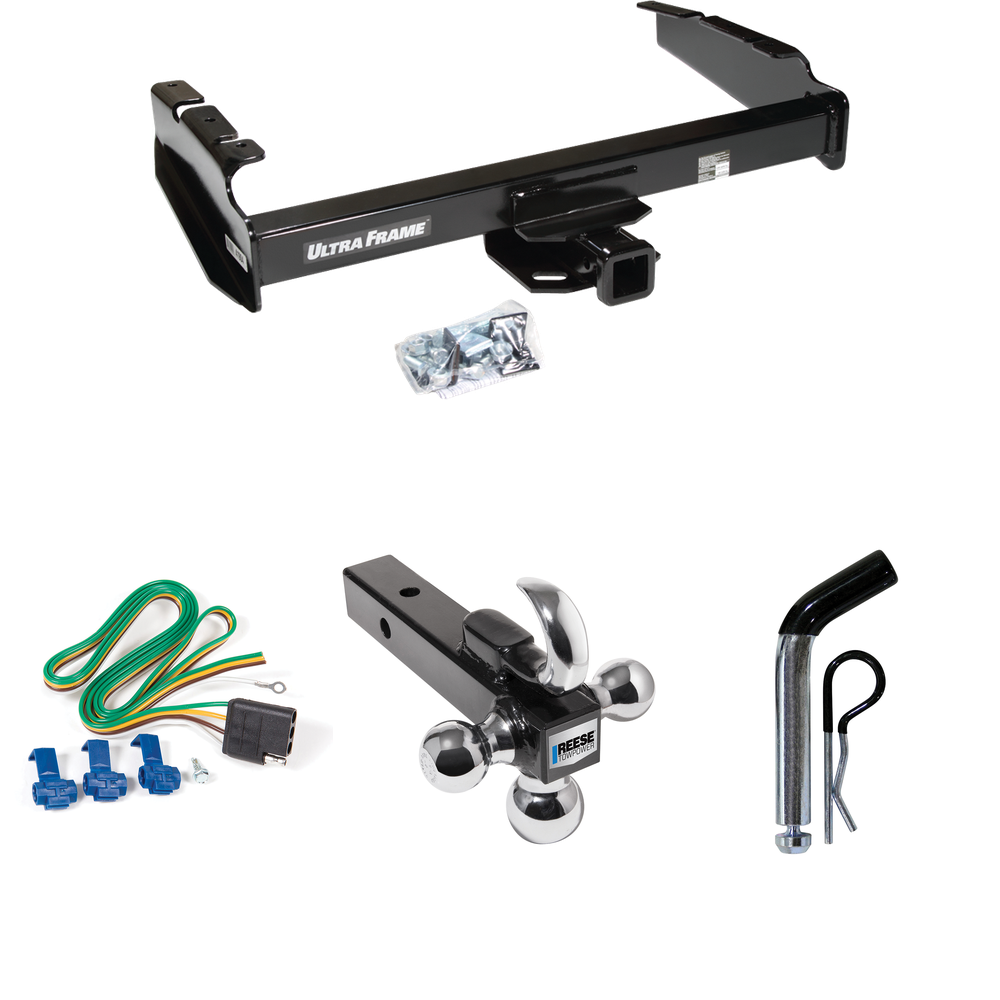 Fits 1980-1986 Ford F-350 Trailer Hitch Tow PKG w/ 4-Flat Wiring Harness + Triple Ball Ball Mount 1-7/8" & 2" & 2-5/16" Trailer Balls w/ Tow Hook + Pin/Clip (Excludes: w/Custom Fascia Models) By Draw-Tite