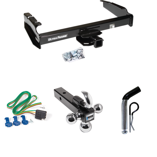 Fits 1980-1986 Ford F-350 Trailer Hitch Tow PKG w/ 4-Flat Wiring Harness + Triple Ball Ball Mount 1-7/8" & 2" & 2-5/16" Trailer Balls w/ Tow Hook + Pin/Clip (Excludes: w/Custom Fascia Models) By Draw-Tite