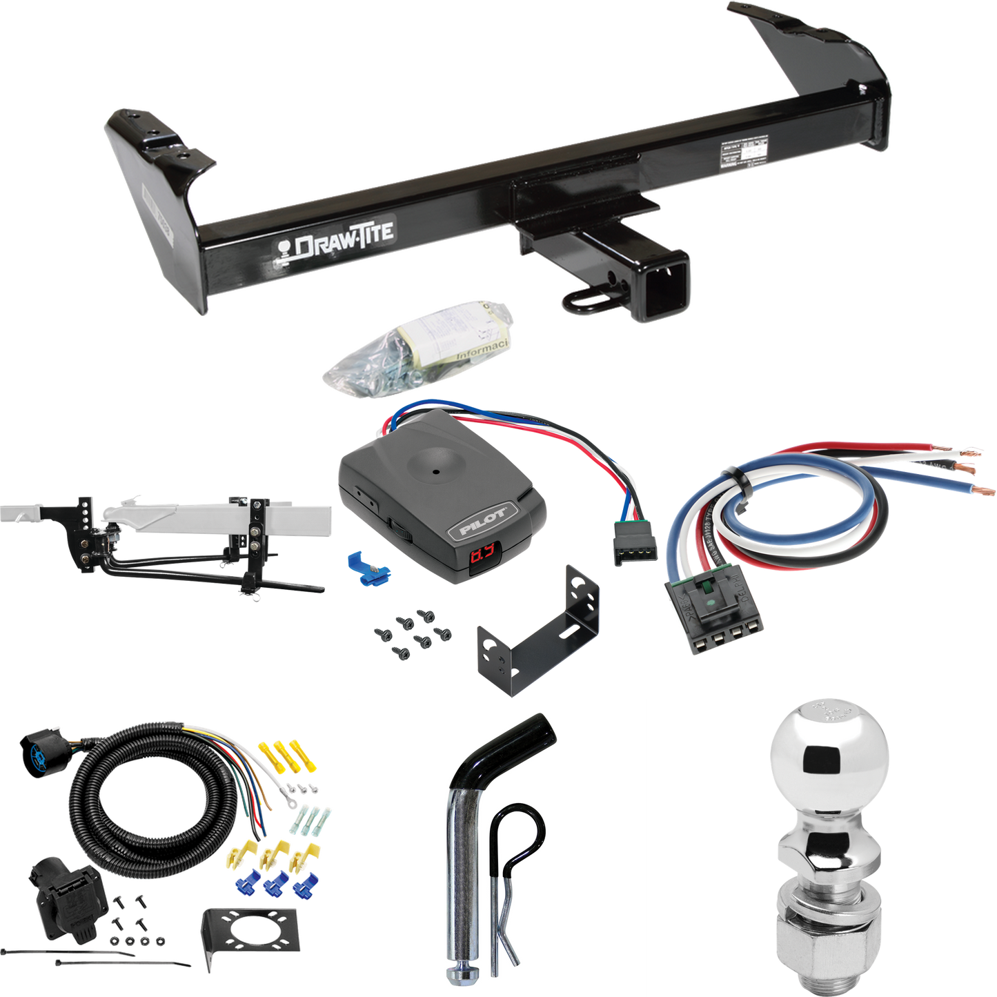 Fits 1975-1993 Ford F-250 Trailer Hitch Tow PKG w/ 8K Round Bar Weight Distribution Hitch w/ 2-5/16" Ball + 2" Ball + Pin/Clip + Pro Series Pilot Brake Control + Generic BC Wiring Adapter + 7-Way RV Wiring By Draw-Tite