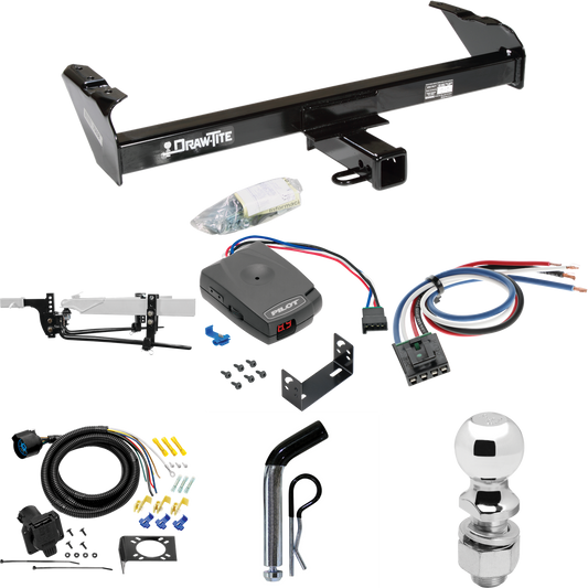 Fits 1975-1993 Ford F-250 Trailer Hitch Tow PKG w/ 8K Round Bar Weight Distribution Hitch w/ 2-5/16" Ball + 2" Ball + Pin/Clip + Pro Series Pilot Brake Control + Generic BC Wiring Adapter + 7-Way RV Wiring By Draw-Tite