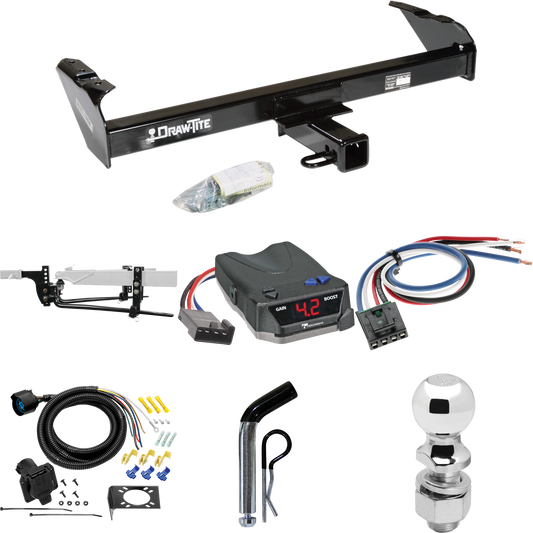 Fits 1975-1993 Ford F-250 Trailer Hitch Tow PKG w/ 8K Round Bar Weight Distribution Hitch w/ 2-5/16" Ball + 2" Ball + Pin/Clip + Tekonsha BRAKE-EVN Brake Control + Generic BC Wiring Adapter + 7-Way RV Wiring By Draw-Tite