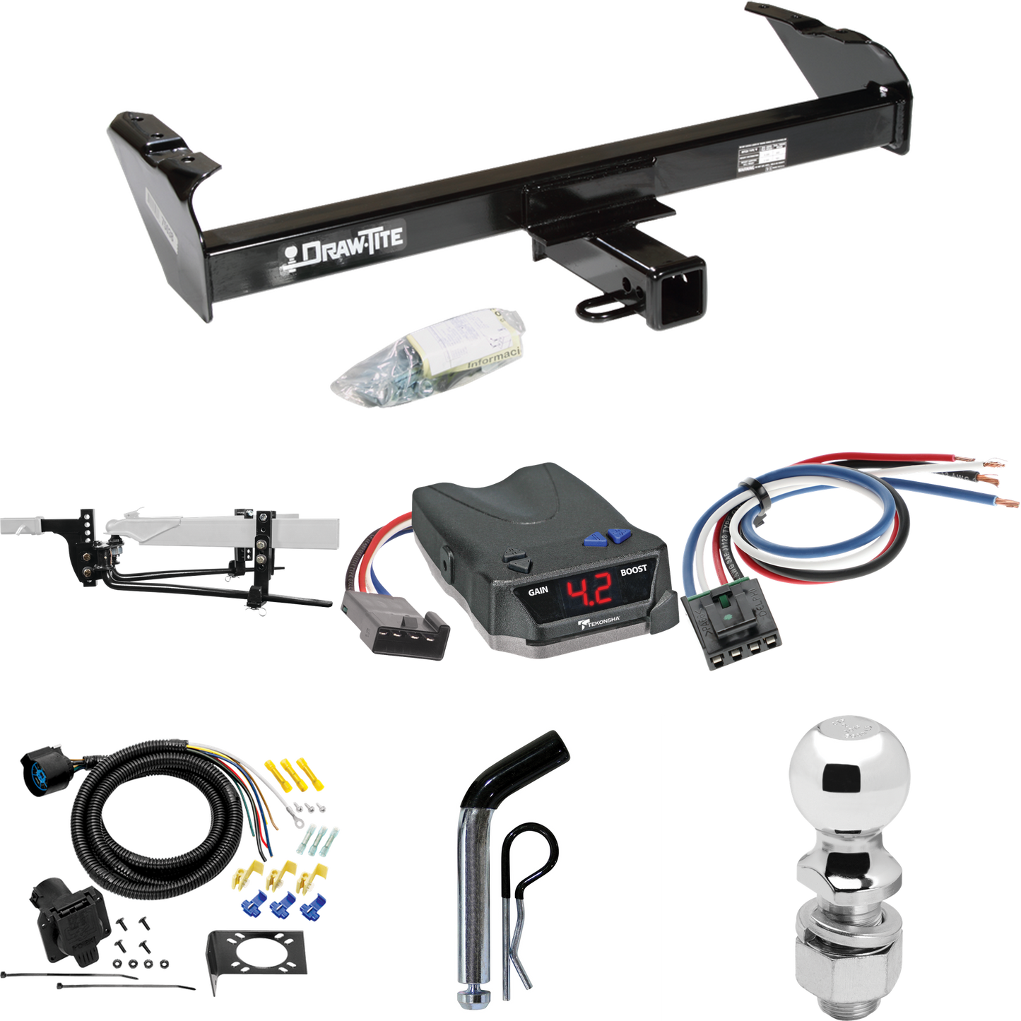 Fits 1975-1993 Ford F-250 Trailer Hitch Tow PKG w/ 8K Round Bar Weight Distribution Hitch w/ 2-5/16" Ball + 2" Ball + Pin/Clip + Tekonsha BRAKE-EVN Brake Control + Generic BC Wiring Adapter + 7-Way RV Wiring By Draw-Tite