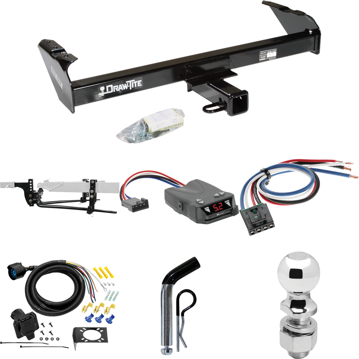 Fits 1980-1986 Ford F-350 Trailer Hitch Tow PKG w/ 8K Round Bar Weight Distribution Hitch w/ 2-5/16" Ball + 2" Ball + Pin/Clip + Tekonsha Brakeman IV Brake Control + Generic BC Wiring Adapter + 7-Way RV Wiring (Excludes: w/Custom Fascia Models) By Dr