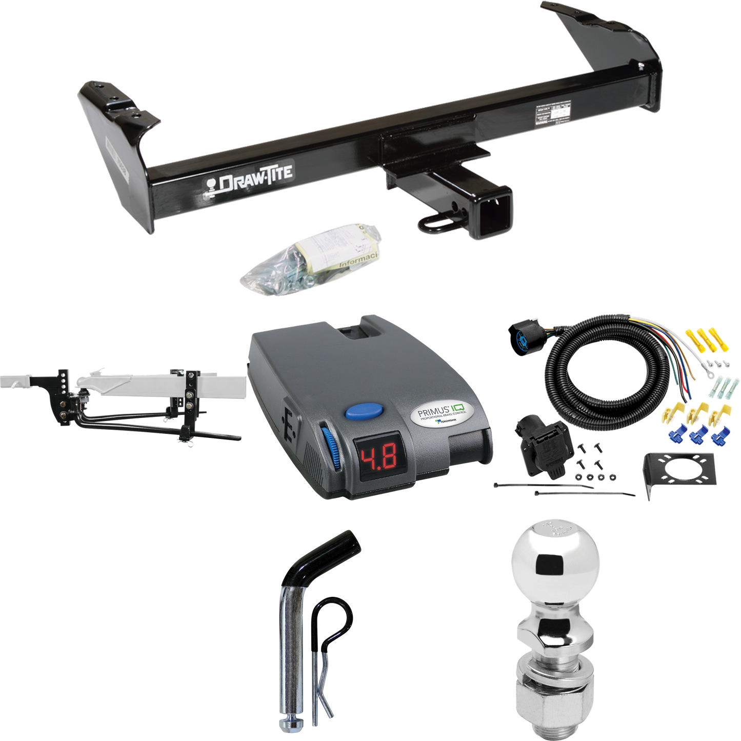 Fits 1980-1986 Ford F-250 Trailer Hitch Tow PKG w/ 8K Round Bar Weight Distribution Hitch w/ 2-5/16" Ball + 2" Ball + Pin/Clip + Tekonsha Primus IQ Brake Control + 7-Way RV Wiring (Excludes: w/Custom Fascia Models) By Draw-Tite