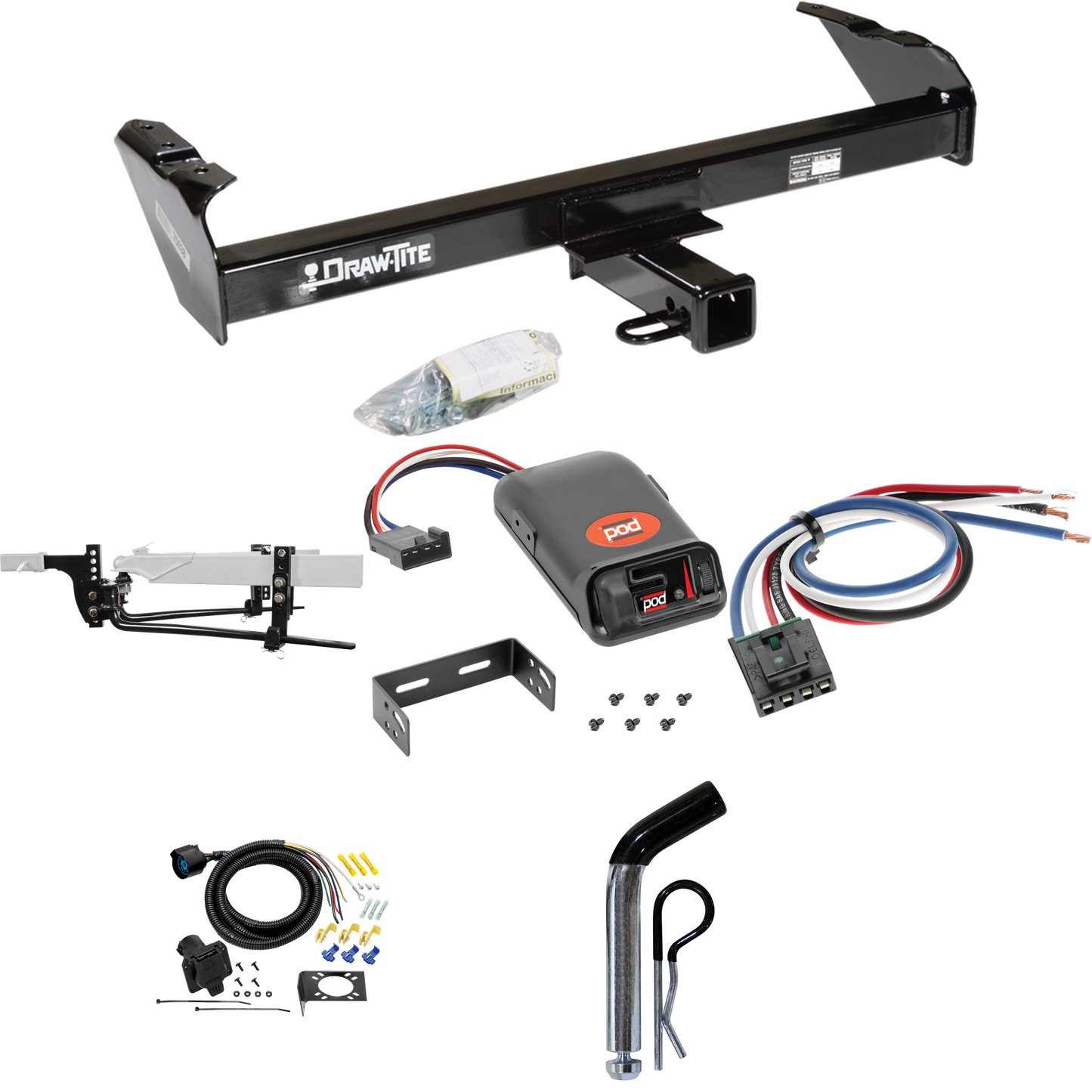 Fits 1987-1993 Ford F-150 Trailer Hitch Tow PKG w/ 8K Round Bar Weight Distribution Hitch w/ 2-5/16" Ball + Pin/Clip + Pro Series POD Brake Control + Generic BC Wiring Adapter + 7-Way RV Wiring By Draw-Tite