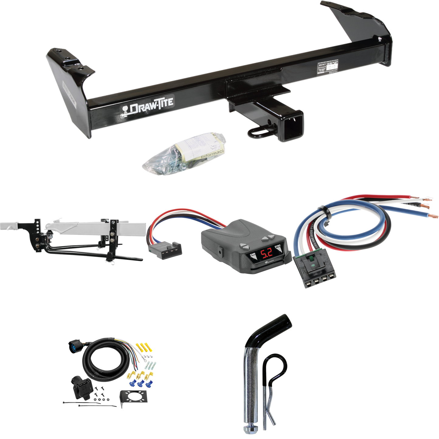 Fits 1975-1993 Ford F-250 Trailer Hitch Tow PKG w/ 8K Round Bar Weight Distribution Hitch w/ 2-5/16" Ball + Pin/Clip + Tekonsha Brakeman IV Brake Control + Generic BC Wiring Adapter + 7-Way RV Wiring By Draw-Tite