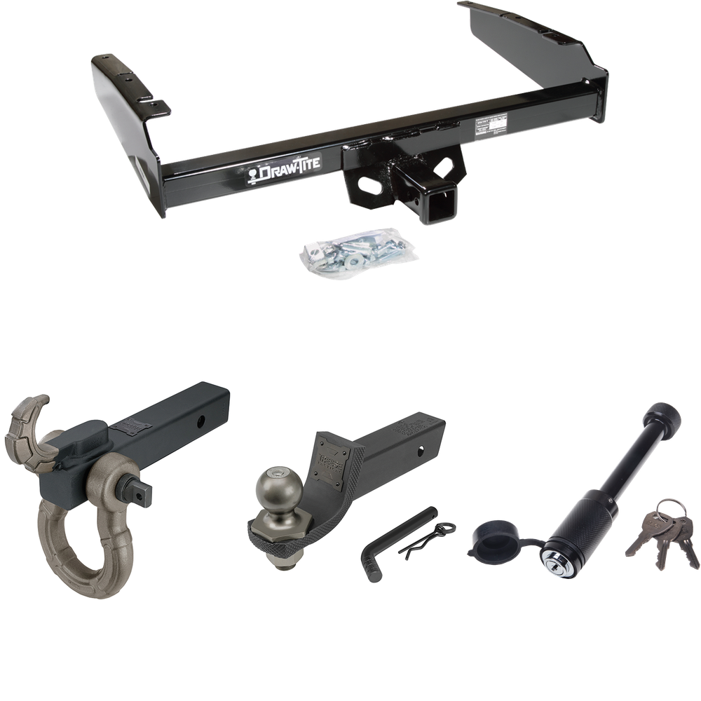 Fits 1980-1986 Ford F-250 Trailer Hitch Tow PKG + Interlock Tactical Starter Kit w/ 2" Drop & 2" Ball + Tactical Hook & Shackle Mount + Tactical Dogbone Lock (Excludes: w/Custom Fascia Models) By Draw-Tite