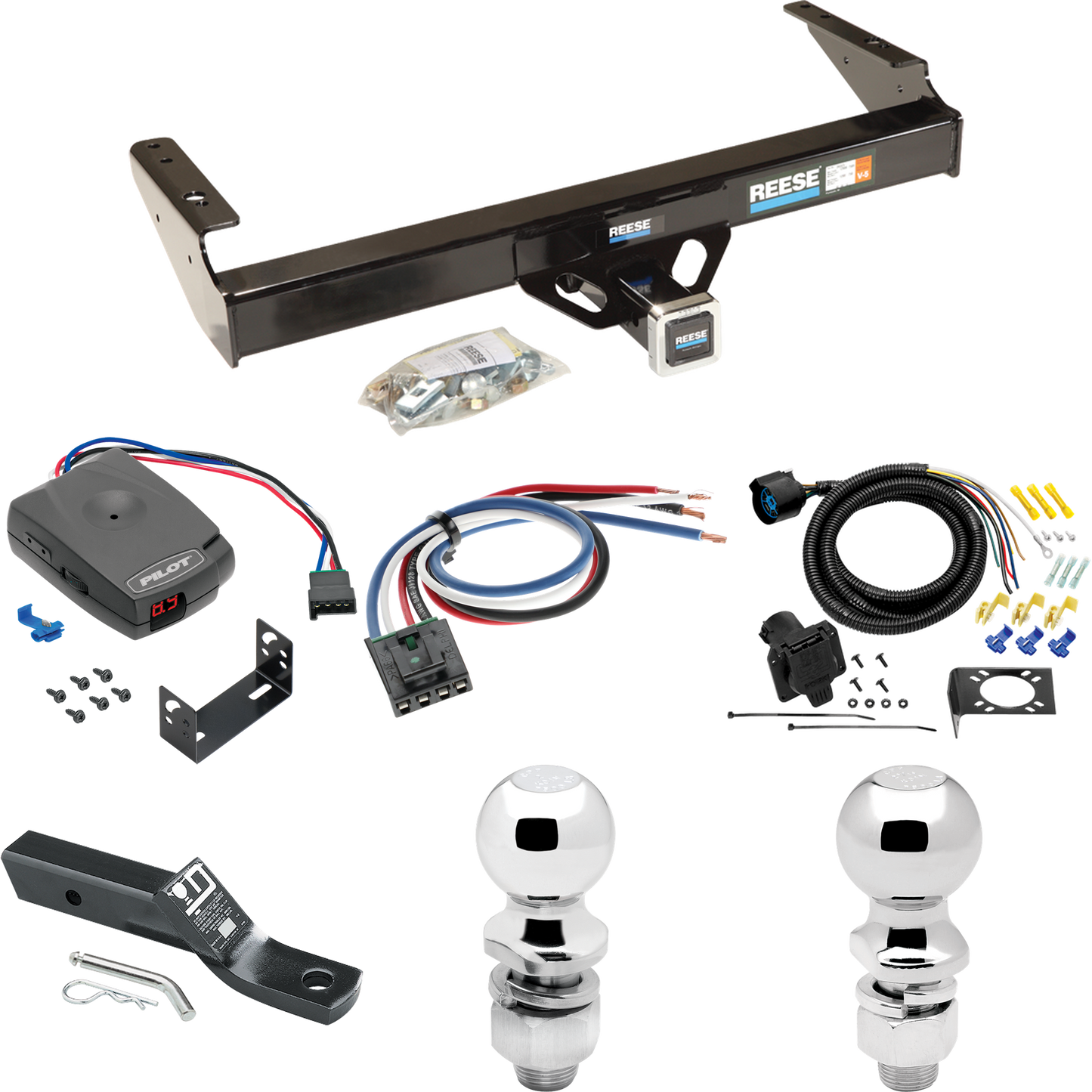 Fits 1975-1993 Ford F-350 Trailer Hitch Tow PKG w/ Pro Series Pilot Brake Control + Generic BC Wiring Adapter + 7-Way RV Wiring + 2" & 2-5/16" Ball & Drop Mount By Reese Towpower