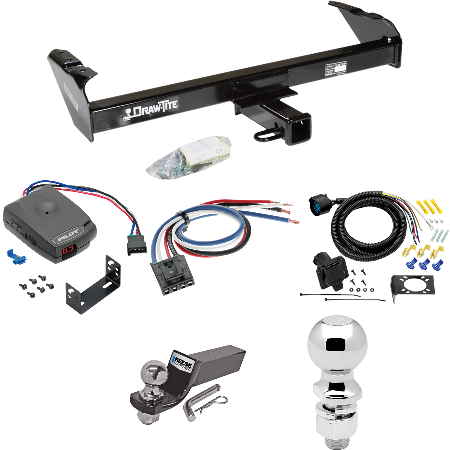 Fits 1980-1986 Ford F-250 Trailer Hitch Tow PKG w/ Pro Series Pilot Brake Control + Generic BC Wiring Adapter + 7-Way RV Wiring + 2" & 2-5/16" Ball & Drop Mount (Excludes: w/Custom Fascia Models) By Draw-Tite