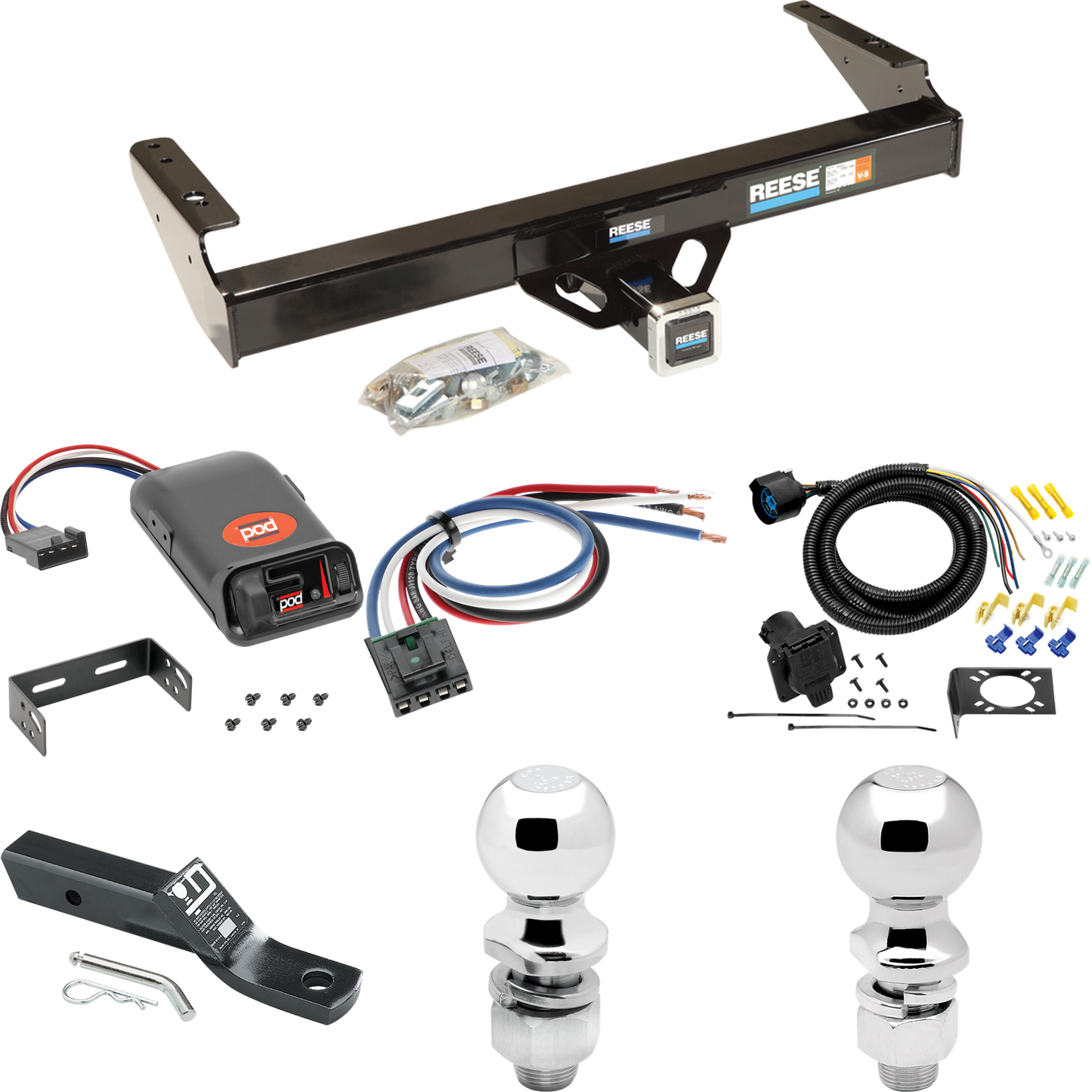 Fits 1975-1979 Ford F-100 Trailer Hitch Tow PKG w/ Pro Series POD Brake Control + Generic BC Wiring Adapter + 7-Way RV Wiring + 2" & 2-5/16" Ball & Drop Mount By Reese Towpower