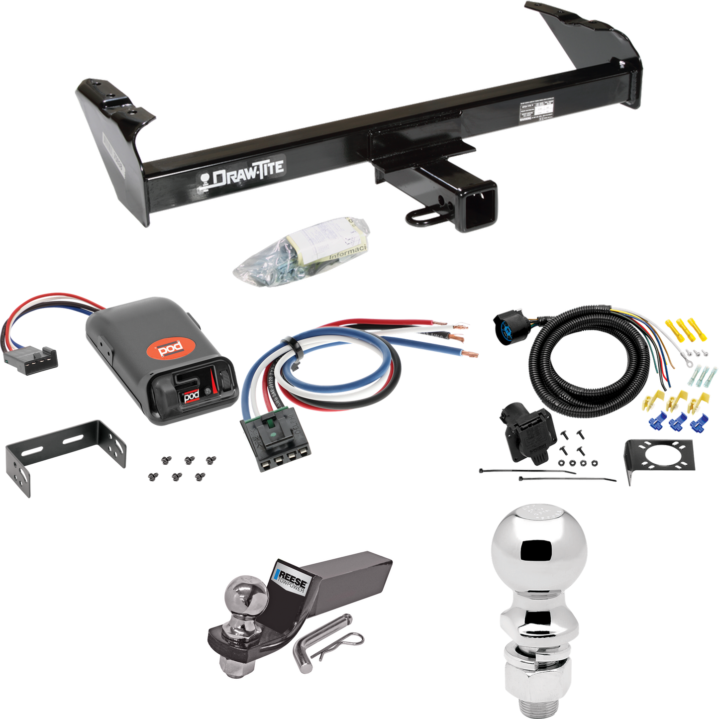 Fits 1975-1979 Ford F-100 Trailer Hitch Tow PKG w/ Pro Series POD Brake Control + Generic BC Wiring Adapter + 7-Way RV Wiring + 2" & 2-5/16" Ball & Drop Mount By Draw-Tite