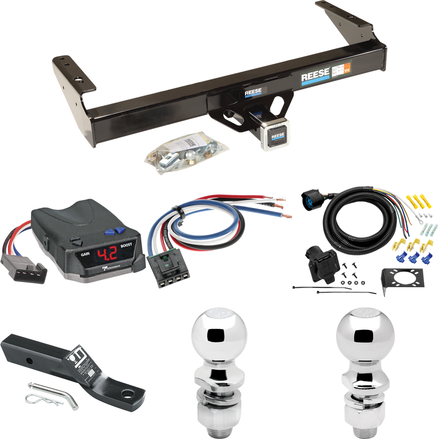 Fits 1980-1983 Ford F-100 Trailer Hitch Tow PKG w/ Tekonsha BRAKE-EVN Brake Control + Generic BC Wiring Adapter + 7-Way RV Wiring + 2" & 2-5/16" Ball & Drop Mount (Excludes: w/Custom Fascia Models) By Reese Towpower