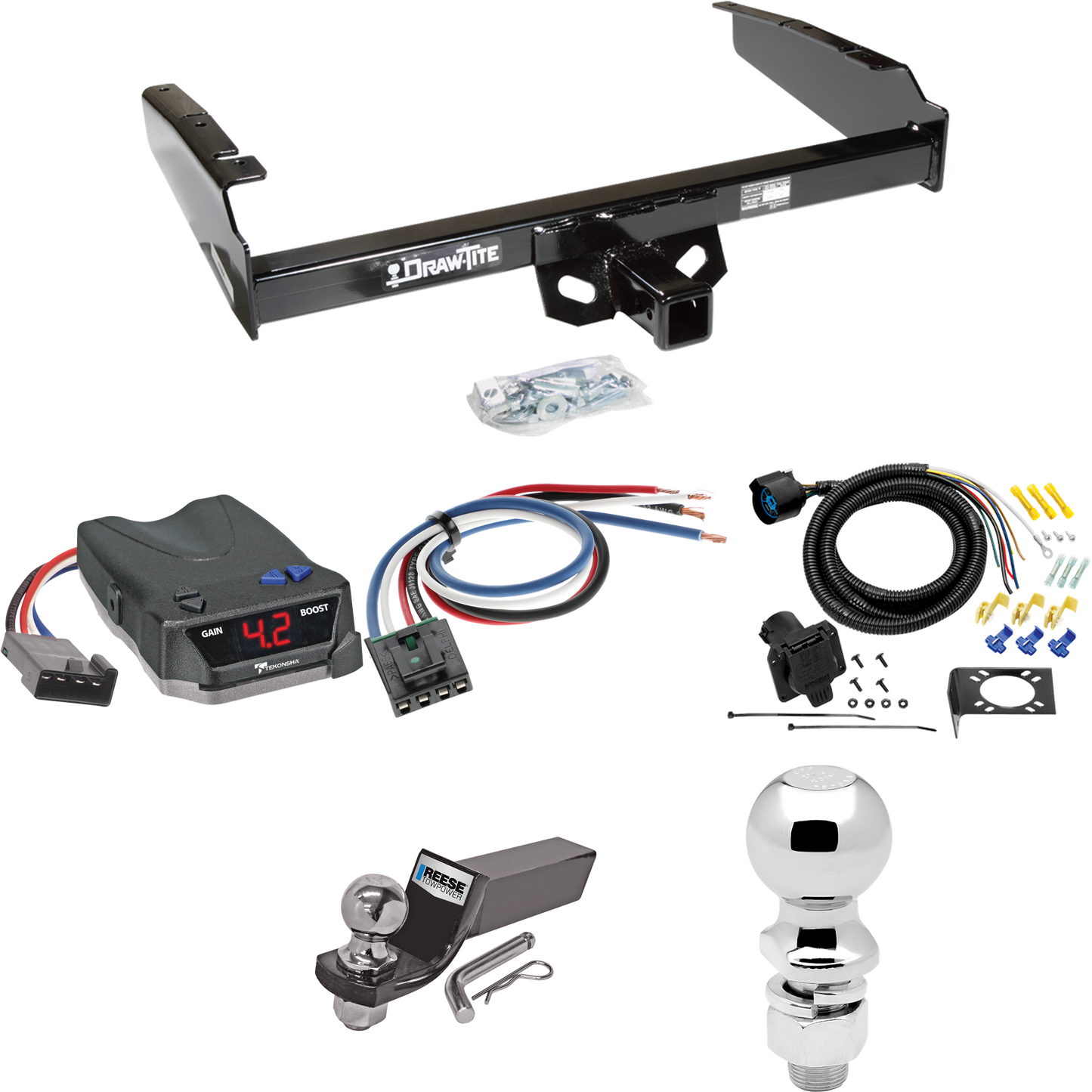 Fits 1980-1986 Ford F-350 Trailer Hitch Tow PKG w/ Tekonsha BRAKE-EVN Brake Control + Generic BC Wiring Adapter + 7-Way RV Wiring + 2" & 2-5/16" Ball & Drop Mount (Excludes: w/Custom Fascia Models) By Draw-Tite