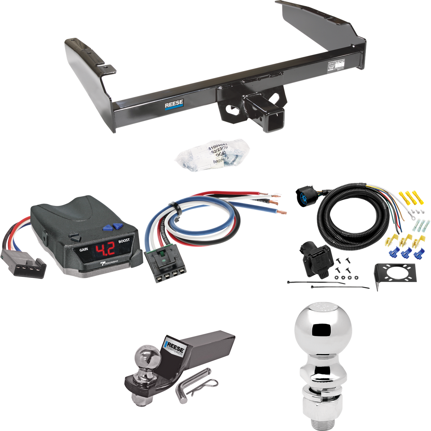 Fits 1987-1993 Ford F-150 Trailer Hitch Tow PKG w/ Tekonsha BRAKE-EVN Brake Control + Generic BC Wiring Adapter + 7-Way RV Wiring + 2" & 2-5/16" Ball & Drop Mount By Reese Towpower