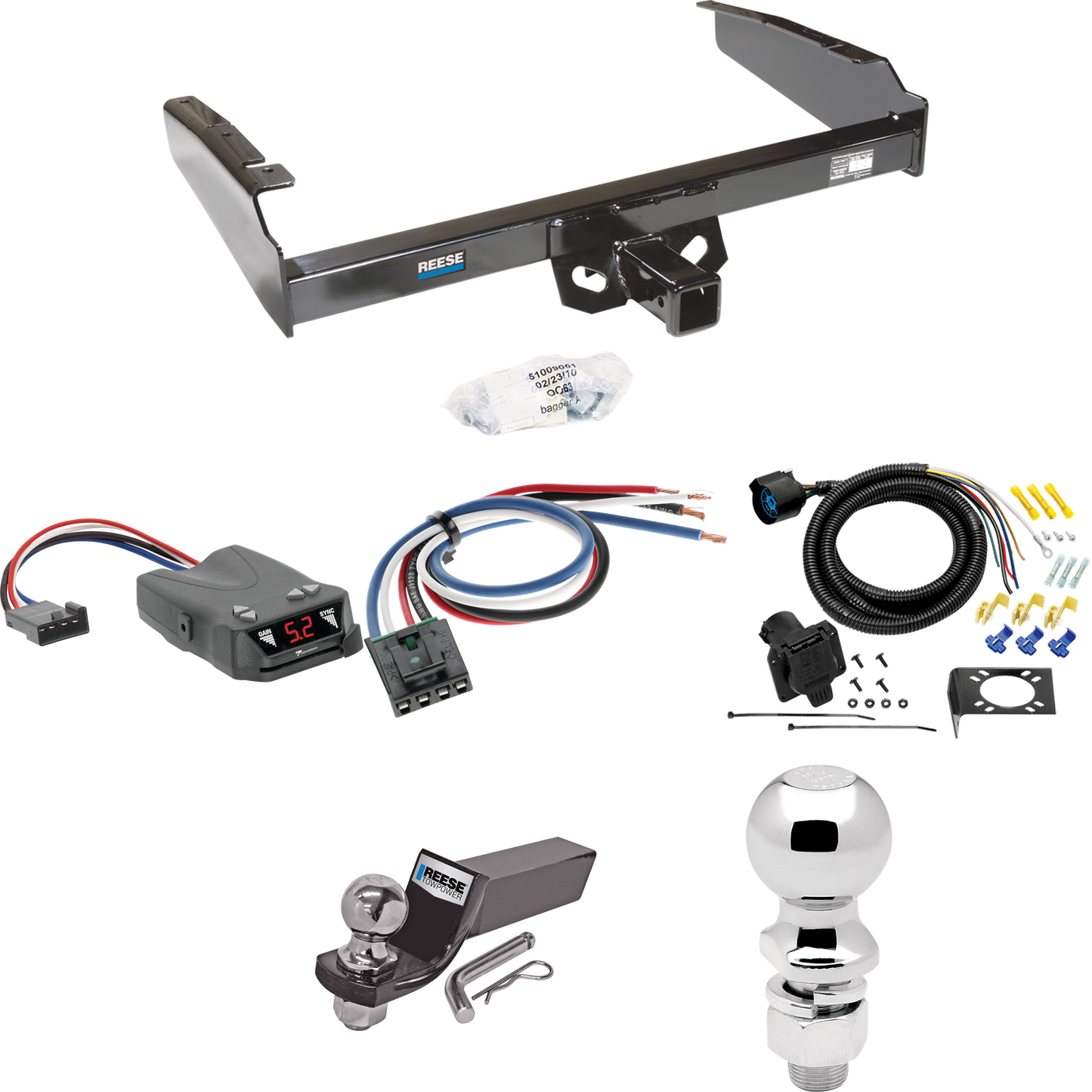 Fits 1987-1993 Ford F-250 Trailer Hitch Tow PKG w/ Tekonsha Brakeman IV Brake Control + Generic BC Wiring Adapter + 7-Way RV Wiring + 2" & 2-5/16" Ball & Drop Mount By Reese Towpower