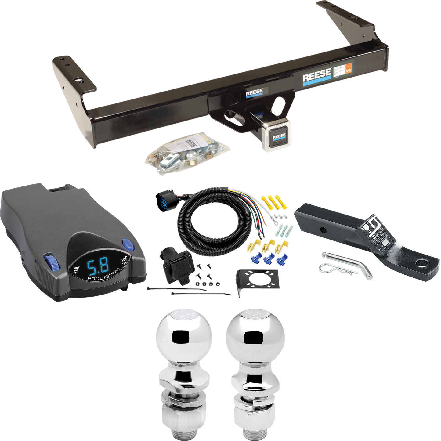 Fits 1980-1986 Ford F-250 Trailer Hitch Tow PKG w/ Tekonsha Prodigy P2 Brake Control + 7-Way RV Wiring + 2" & 2-5/16" Ball & Drop Mount (Excludes: w/Custom Fascia Models) By Reese Towpower