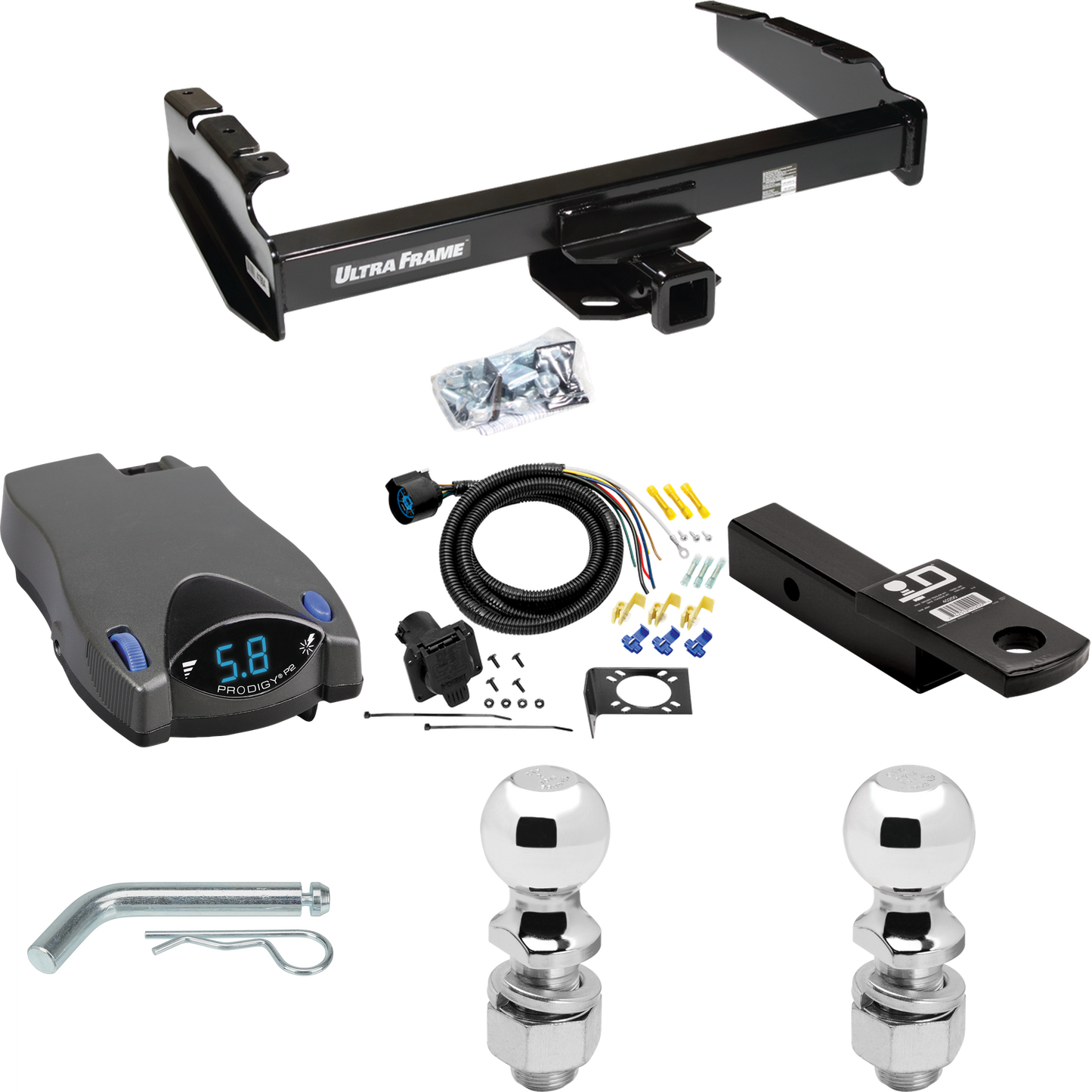 Fits 1987-1993 Ford F-350 Trailer Hitch Tow PKG w/ Tekonsha Prodigy P2 Brake Control + 7-Way RV Wiring + 2" & 2-5/16" Ball & Drop Mount By Draw-Tite