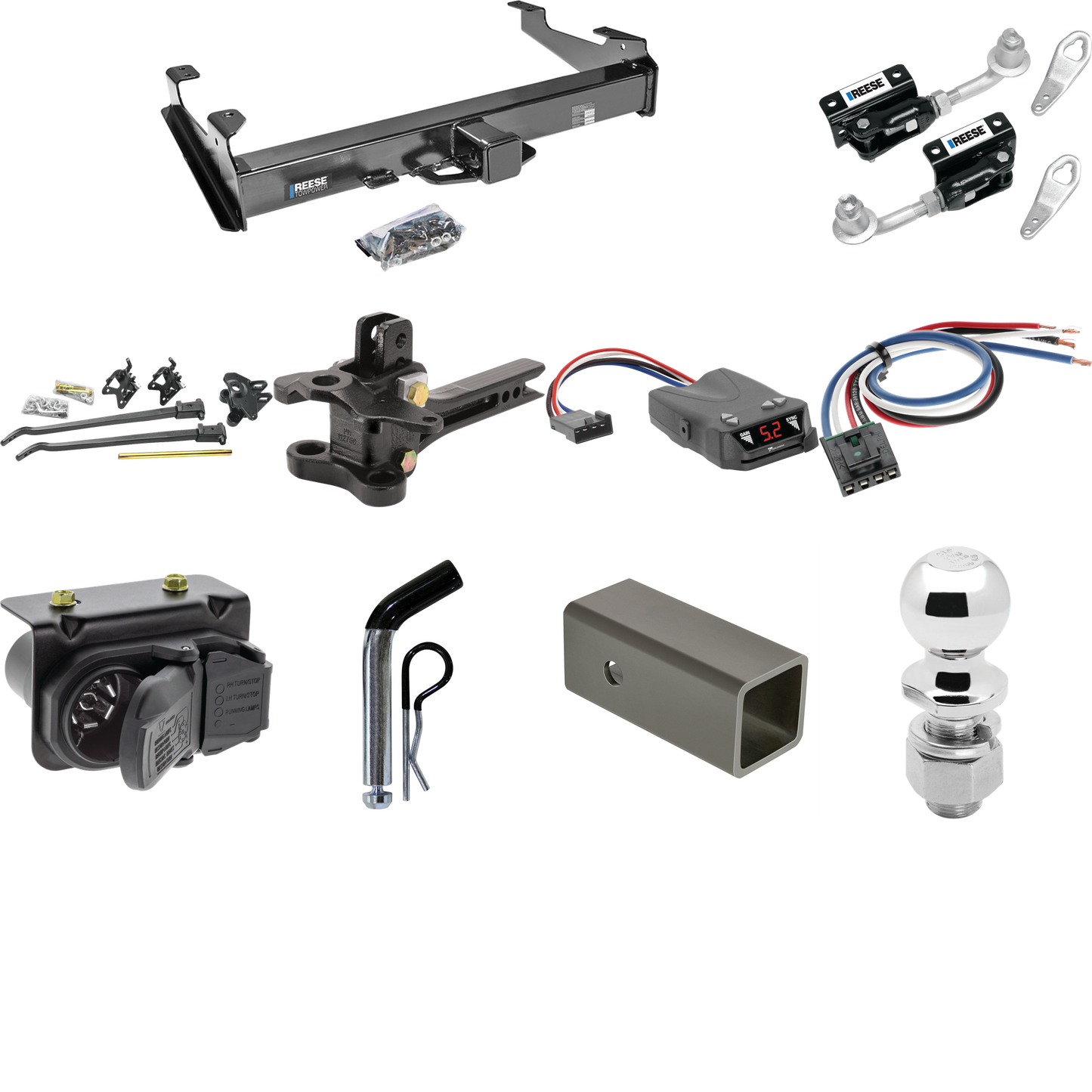 Fits 2007-2010 GMC Sierra 3500 HD Trailer Hitch Tow PKG w/ 17K Trunnion Bar Weight Distribution Hitch + Pin/Clip + Dual Cam Sway Control + 2-5/16" Ball + Tekonsha Brakeman IV Brake Control + Generic BC Wiring Adapter + 7-Way RV Wiring By Reese Towpow