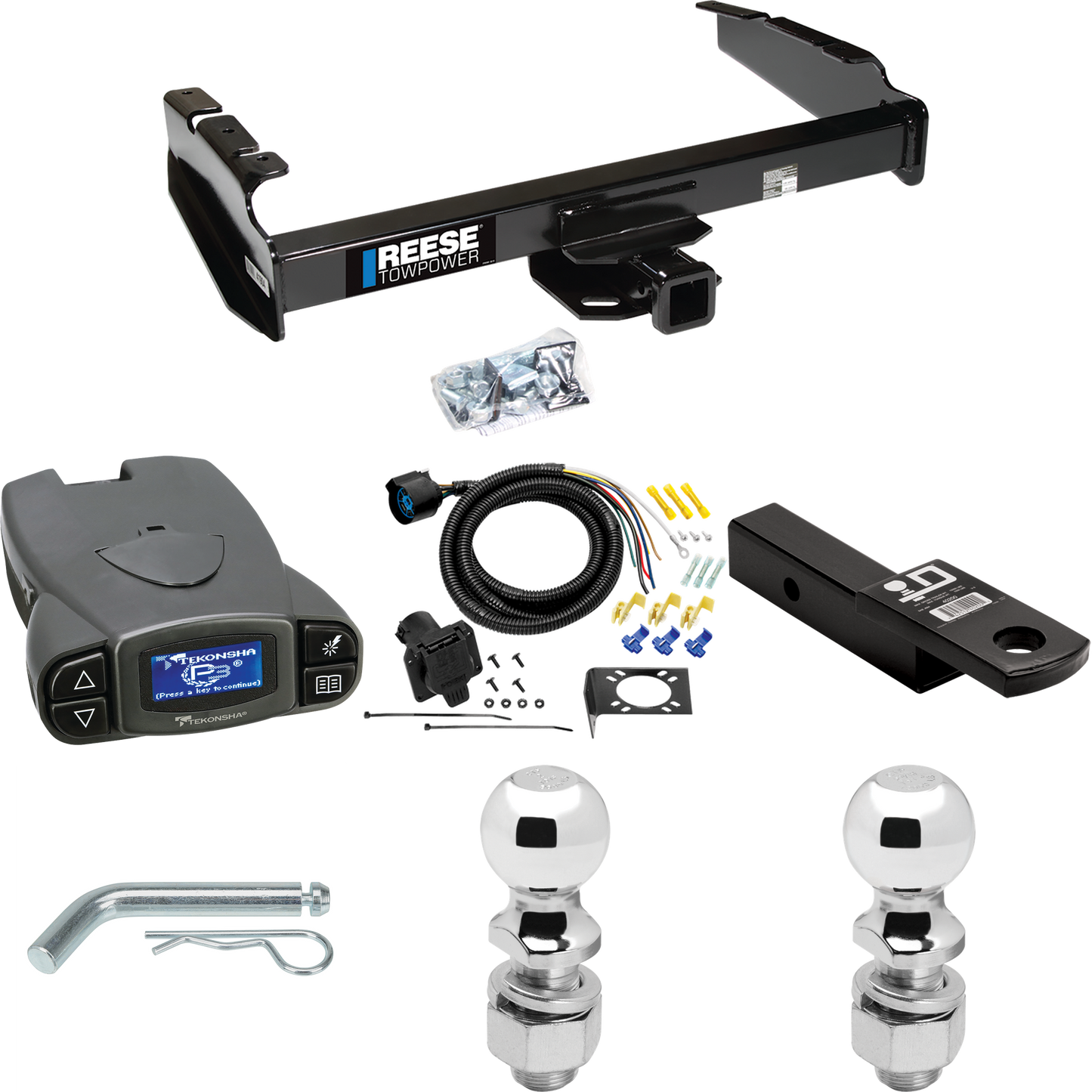 Fits 1980-1983 Ford F-100 Trailer Hitch Tow PKG w/ Tekonsha Prodigy P3 Brake Control + 7-Way RV Wiring + 2" & 2-5/16" Ball & Drop Mount (Excludes: w/Custom Fascia Models) By Reese Towpower